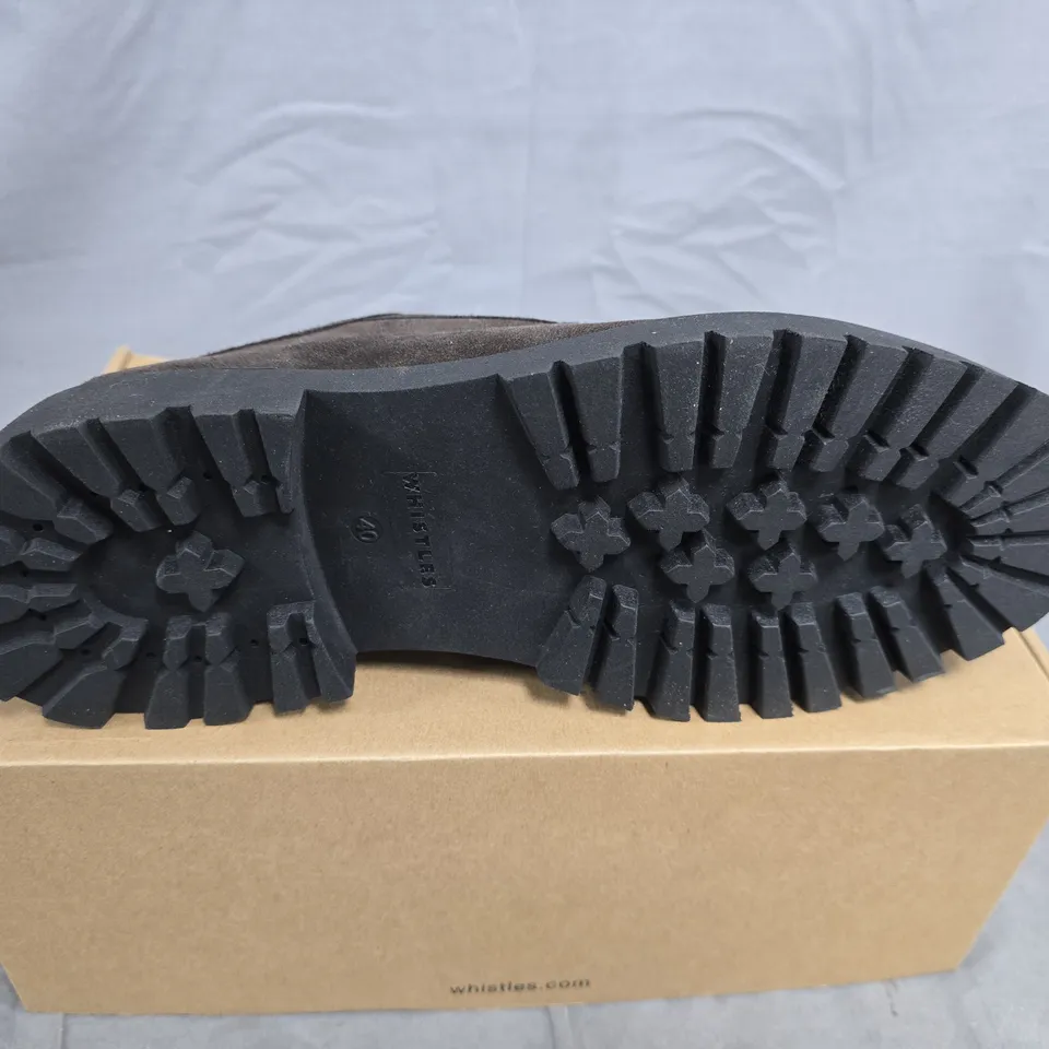 BOXED PAIR OF WHISTLES SUEDE CHUNKY LACE-UP SHOE – CHOCOLATE, UK 7