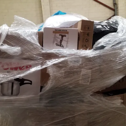 PALLET CONTAINING ASSORTED HOUSEHOLD PRODUCTS INCLUDING TOWER 6L PRESSURE COOKER, BAMBOO MATTRESS TOPPER, SADDLE SEAT, POWER INVERTER & PHOTO FRAMES