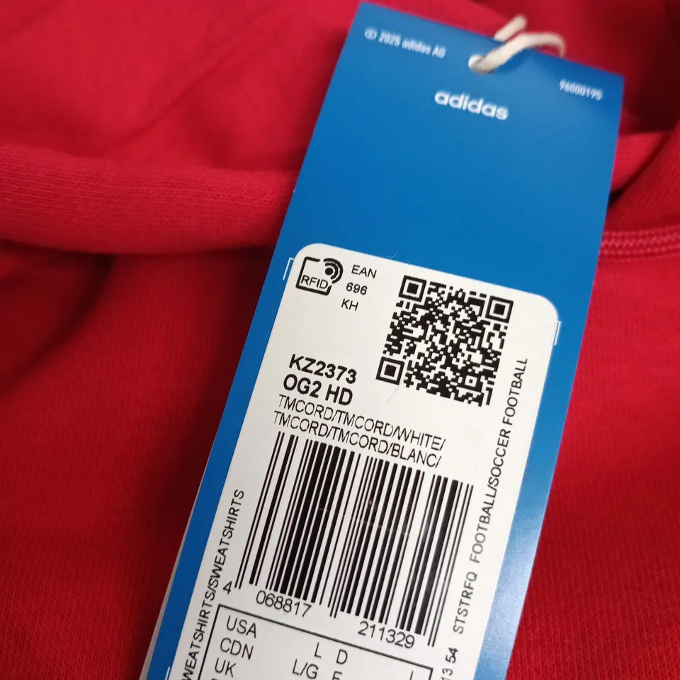 NOTTS FOREST FC ADIDAS HOODIE – RED, UK L, WHITE CHEST STRIPE & TREFOIL LOGO