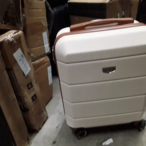 BOXED KEPLIN LUGG SMALL SIZE TRAVEL LUGGAGE WITH WHEELS WHITE AND BROWN COLOUR 