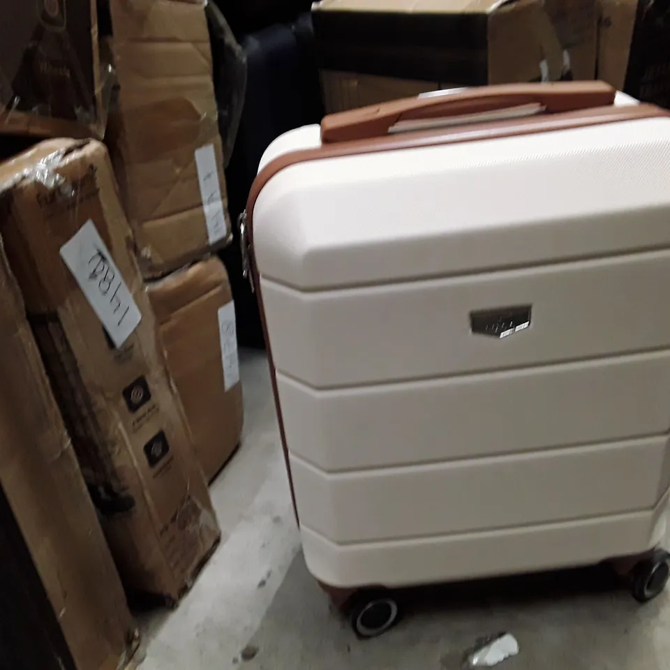 BOXED KEPLIN LUGG SMALL SIZE TRAVEL LUGGAGE WITH WHEELS WHITE AND BROWN COLOUR 