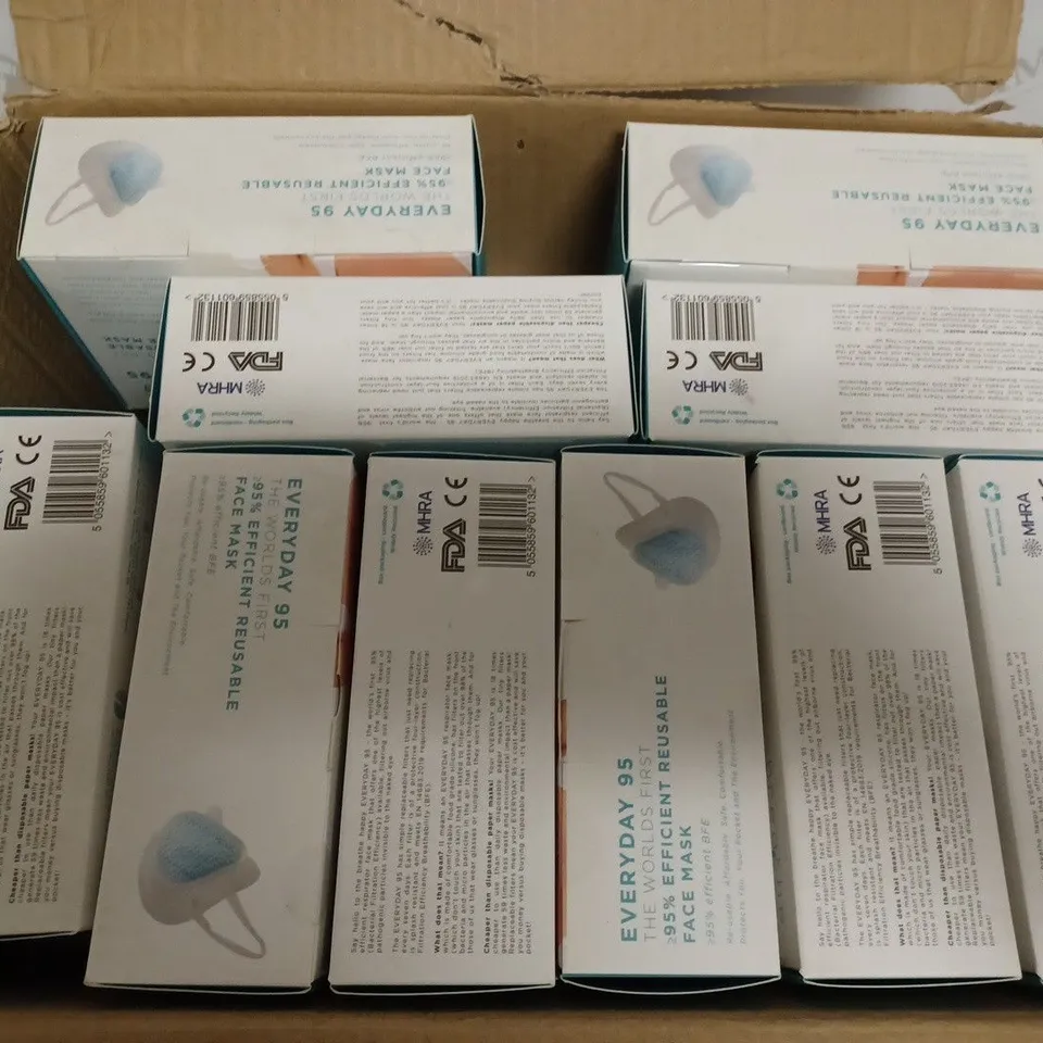 BOX OF APPROXIMATELY 18 BOXES OF BREATHE HAPPY EVERYDAY 95 REUSABLE FACE MASKS