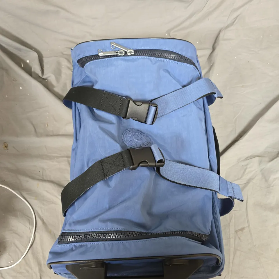 BLUE ROLLING TRAVEL BAG WITH WHEELS, TOP HANDLE AND FRONT ZIP POCKET