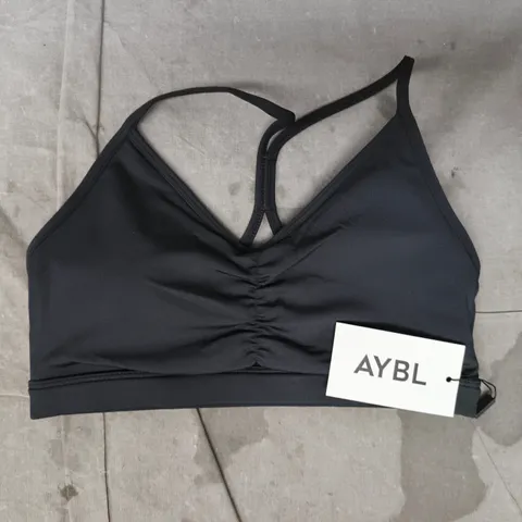 AYBL ESSENTIAL RUCHED SPORTS BRA IN BLACK SIZE SMALL