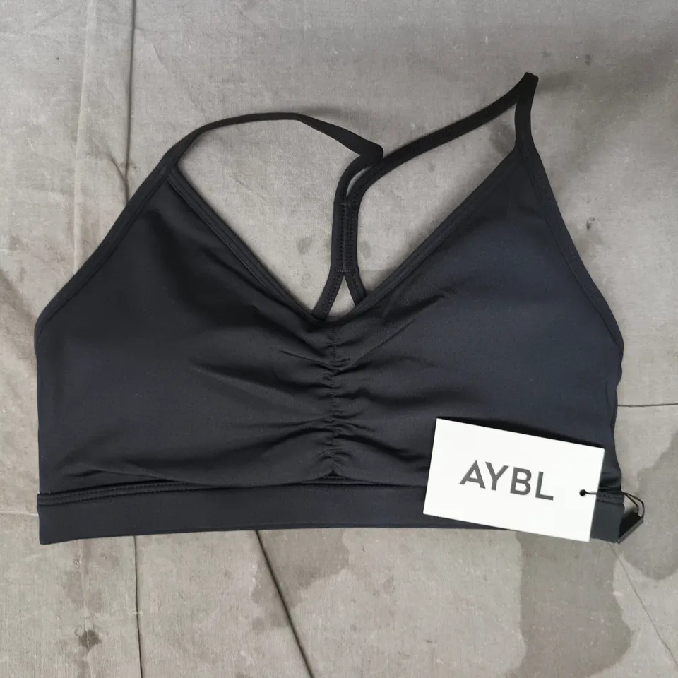 AYBL ESSENTIAL RUCHED SPORTS BRA IN BLACK SIZE SMALL