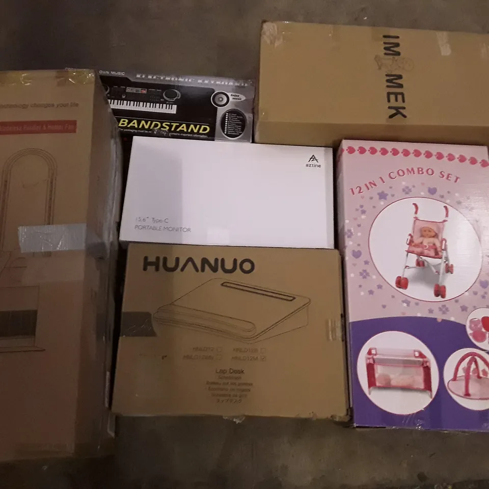 PALLET OF ASSORTED PRODUCTS INCLUDING PORTABLE MONITOR, HUANUO LAMP DESK, BLADELESS PURIFIER & HEATER FAN, 61 KEY ELECTRIC KEYBOARD, IMMEK SCOOTER, 12 IN 1 BABY DOLL TOY SET    