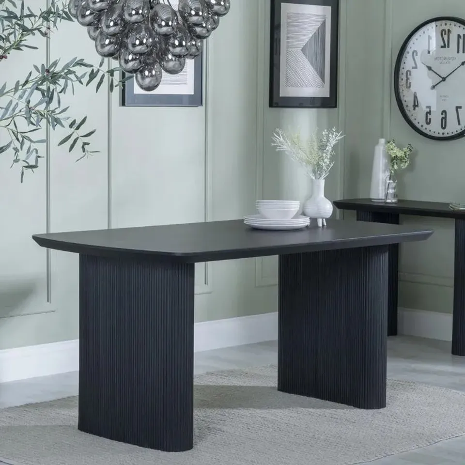 BOXED BERN FLUTED 6 SEATER BLACK PEDESTAL DINING TABLE-160CM (2 BOXES)
