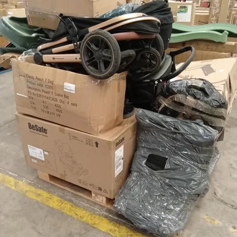 PALLET OF ASSORTED INCOMPLETE DESIGNER PRAM PARTS AND PIECES 