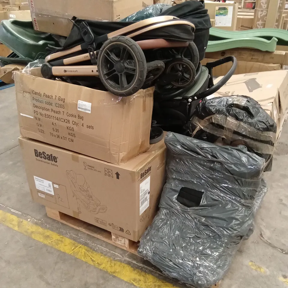 PALLET OF ASSORTED INCOMPLETE DESIGNER PRAM PARTS AND PIECES