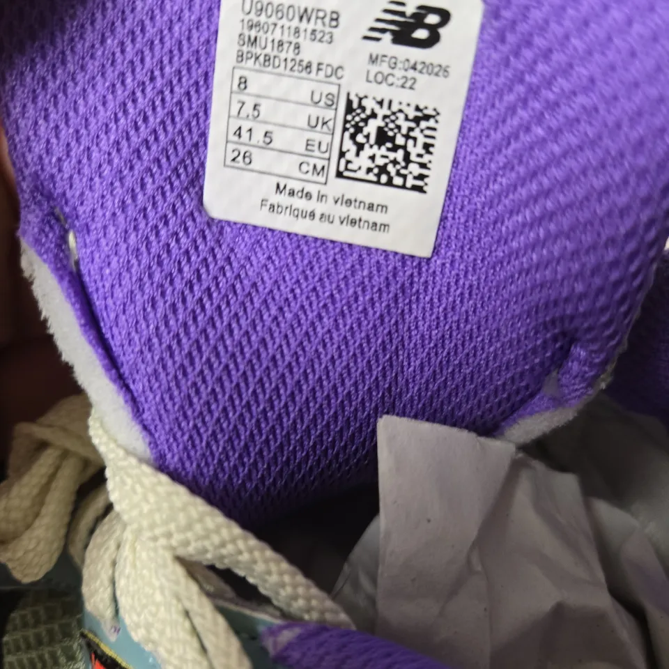 NEW BALANCE SNEAKERS UK7.5 – PASTEL BLUE/GREEN WITH PURPLE LINING AND PINK SOLE