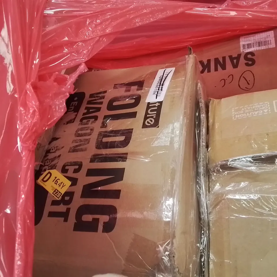 PALLET CONTAINING ASSORTED ITEMS INCLUDING: FOLDING WAGON CART, PULL OUT ORGANISER ECT