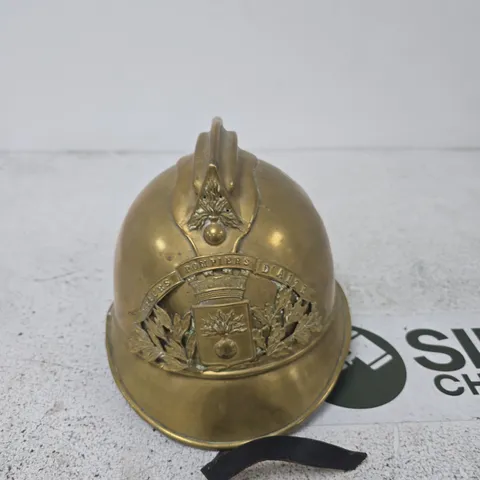 ANTIQUE BRASS MINIATURE FIREFIGHTER HELMET WITH POMPIERS CREST,