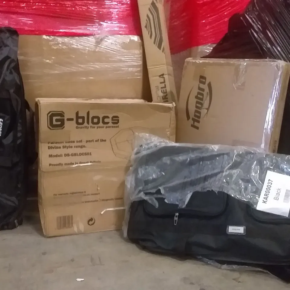 PALLET OF ASSORTED BOXED ITEMS SUCH AS COAT RACK , BEACH UMBRELLA , PARASOL BASE SET ,120 0UTDOOR PROJECTOR SCREEN,  KARABAR BAG