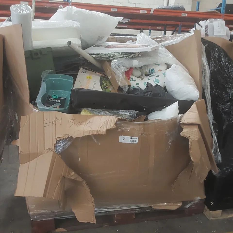 PALLET CONTAINING A VERY LARGE QUANTITY OF ASSORTED CONSUMER PRODUCTS INCLUDING: PAINTING, PILLOWS, TOY AXE THROWING GAME, TEMPERED GLASS PHONE SCREEN PROTECTOR ECT