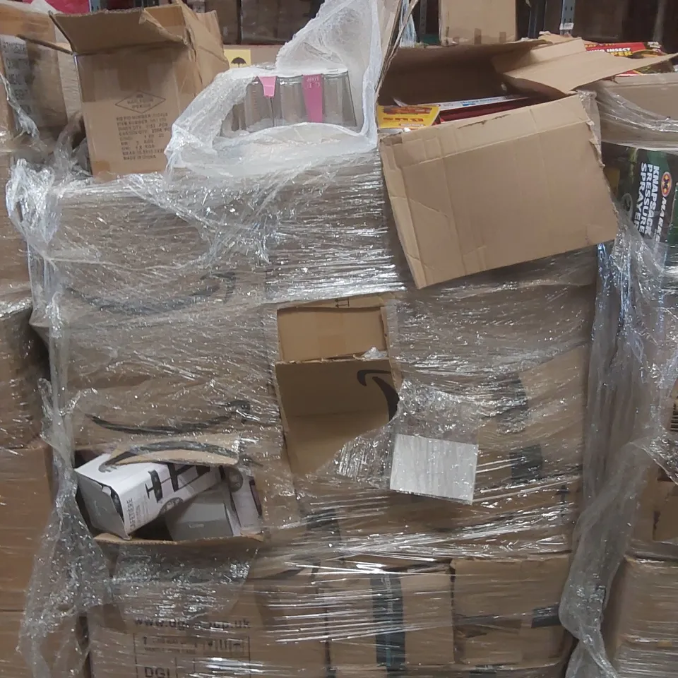PALLET TO CONTAINING A VERY LARGE QUANTITY OF ASSORTED ITEMS INCLUDING: CAFETIERES, GLASSES, SHAPE SORTER BUS TOYS, CUPBOARD STORAGE RACKS ECT