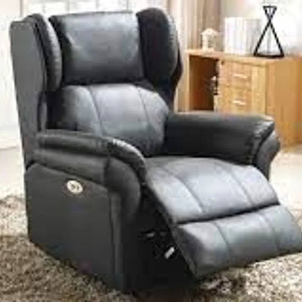 BOXED DESIGNER BLACK LEATHER POWER RECLINING EASY CHAIR (2 BOXES)
