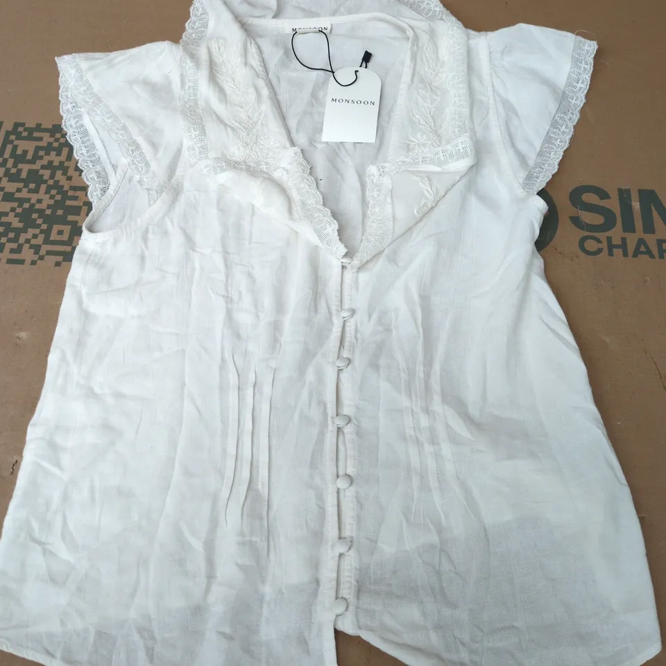 MONSOON WHITE LACE-TRIM BLOUSE, UK 8
