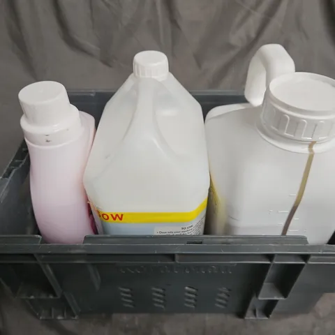TOTE OF ASSORTED 3 LIQUIDS TOO INCLUDE YAAS FABRIC SOFTENER , COMFORT , WEED KILLER - COLLECTION ONLY