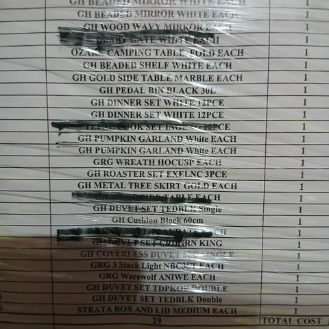 PALLET OF APPROXIMATELY 25 ASSORTED PRODUCTS TO INCLUDE; BRONZE GOLD TREE BARE 6FT, WARREN FIR TREE BARE 6FT, OZARK CAMPING TABLE, CUSHION BLACK, PUMPKIN GARLAND, DINNER SET AND BEADED MIRROR