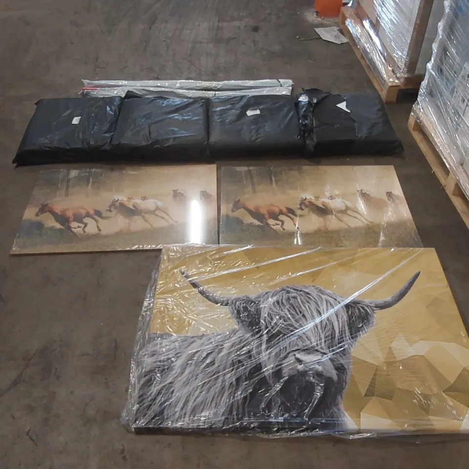 PALLET OF ASSORTED ITEMS INCLUDING: VARIOUS CANVAS ART PRINTS, ANTI WEED BARRIER FABRICS, PVC CONDUIT PIPES ECT