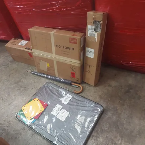 PALLET CONTAINING A LARGE QUANTITY OF ASSORTED ITEMS INCLUDING: KICHPOWER INDUCTION COOKER, FOLDING CLOTHES HANGER, JIGSAW BOARD, MULTIFUNCTIONAL STEAM CLEANER, UMBRELLA ECT