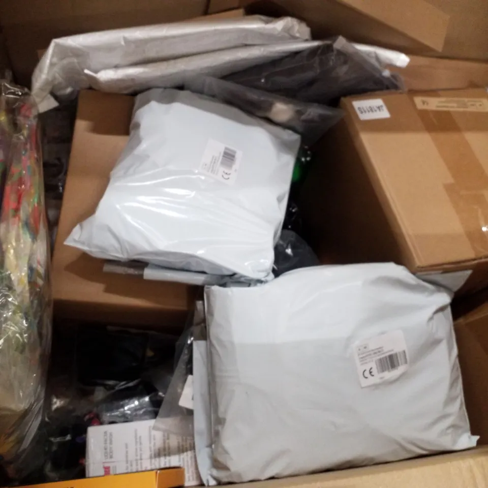 PALLET OF 4 BOXES CONTAINING ASSORTED PRODUCTS INCLUDING EGG BOX, DARK BROWN BIKE SEAT, BACKPACK, HUNTING GLOVES, BIRTHDAY GIFT BAGS, IPHONE PROTECTIVE PRIVACY FILM