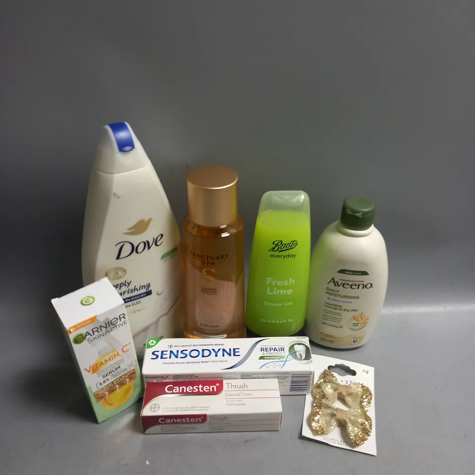 BOX OF APPROXIMATELY 20 COSMETIC ITEMS TO INCLUDE - SENSODYNE TOOTHPASTE - AVEENO BODY WASH - CANESTEN CREAM - ETC 