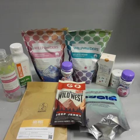 APPROXIMATLY 10 ASSORTED FOOD/DRINK PRODUCTS TO INCLUDE WILLPOWDERS KETO CREAMER, ROASTERS COFFEE, MCT OIL ETC 