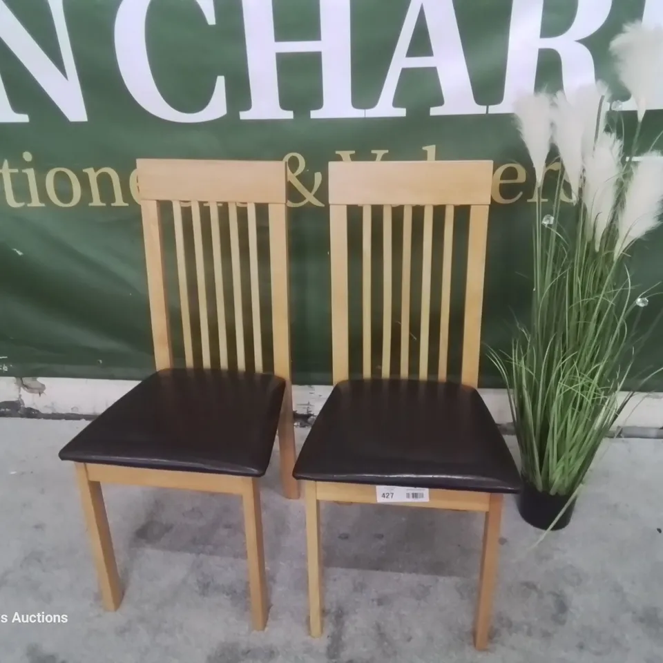 PAIR OF OXFORD OAK DINING CHAIRS BROWN SEAT PADS