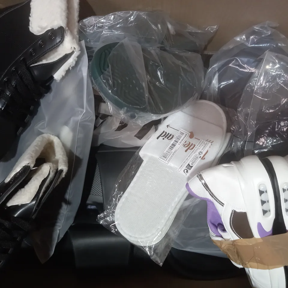 BOX OF APPROXIMATELY 15 ASSORTED PAIRS OF SHOES AND FOOTWEAR ITEMS IN VARIOUS STYLES AND SIZES TO INCLUDE DR MARTENS, FRENCH CONNECTION, ETC