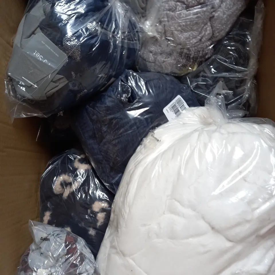 BOX OF APPROXIMATELY 12 CLOTHING ITEMS TO INCLUDE WRAP DRESS, TOPS, PYJAMA SET ETC