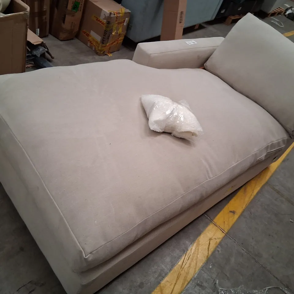 SIX ASSORTED DESIGNER UPHOLSTERY PRODUCTS TO INCLUDE; BROWN FAUX LEATHER TWO SEATER, FAUX LEATHER ARM CHAIR, BEIGE FABRIC SOFA SECTION