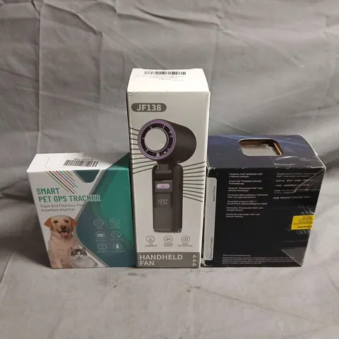 BOX OF ASSORTED ITEMS TO INCLUDE- SMART PET GPS TRACKER, HANDHELD FAN & BOXED GADGET SET