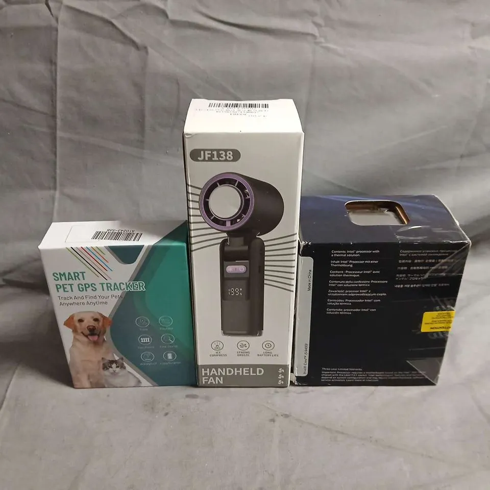 BOX OF ASSORTED ITEMS TO INCLUDE- SMART PET GPS TRACKER, HANDHELD FAN & BOXED GADGET SET