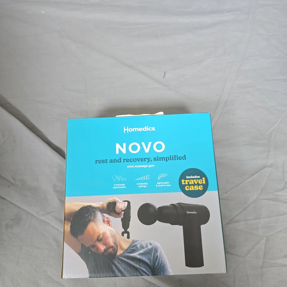 HOMEDICS NOVO MINI MASSAGE GUN – REST AND RECOVERY, TRAVEL CASE INCLUDED