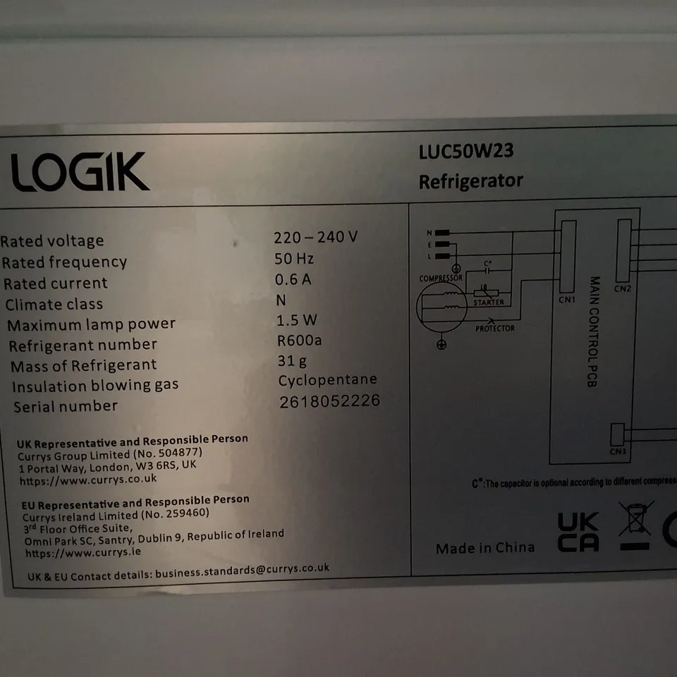 LOGIK LUC50W23 UNDERCOUNTER FRIDGE FREEZER - WHITE