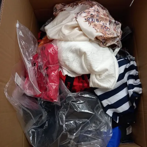 BOX OF ASSORTED CLOTHING ITEMS TOO INCLUDE DRESSES , SHIRTS AND TROUSERS IN VARIOUS SIZES AND COLOURS