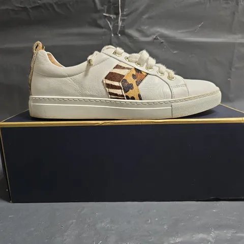 BOXED PAIR OF FAIRFAX & FAVOR ALEXANDRA TRAINERS IN WHITE W. JAGUAR/ZEBRA PRINT SIZE UK 6
