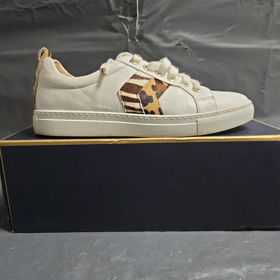 BOXED PAIR OF FAIRFAX & FAVOR ALEXANDRA TRAINERS IN WHITE W. JAGUAR/ZEBRA PRINT SIZE UK 6