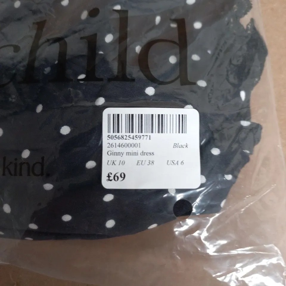NOBODYS CHILD GINNY MINI DRESS – BLACK WITH WHITE POLKA DOTS, UK 10 (EU 38, USA 6)