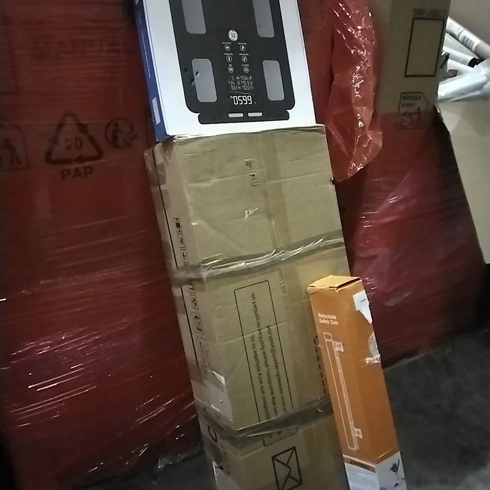PALLET OF HOUSEHOLD ITEMS TO INCLUDE EXCERISE BIKE, MAGNETIC DARTBOARD, SCALES, RETRACTABLE SAFETY GATE AND OTHER ASSORTED ITEMS...