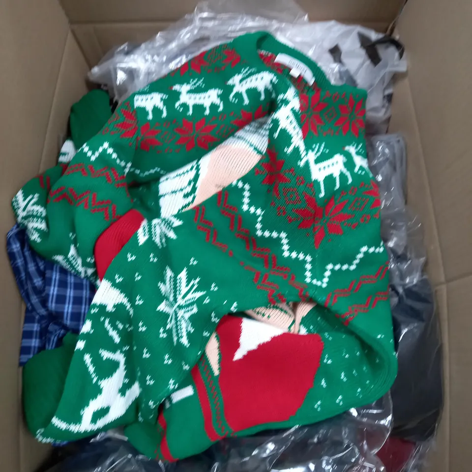 BOX OF APPROX. 50 ASSORTED CLOTHING VARYING IN SIZE/COLOUR/STYLE TO INCLUDE:  TOPS, TROUSERS, JUMPERS