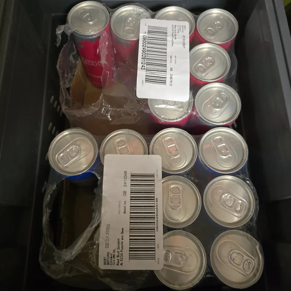 TOTE OF APPROXIMATELY 15 CANS OF RED BULL ENERGY DRINKS THE BLUE EDITION AND PEACH EDITION 250ML PER CAN