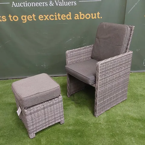DESIGNER GREY RATTAN CUBE CHAIR WITH FOOTSTOOL AND CUSHIONS