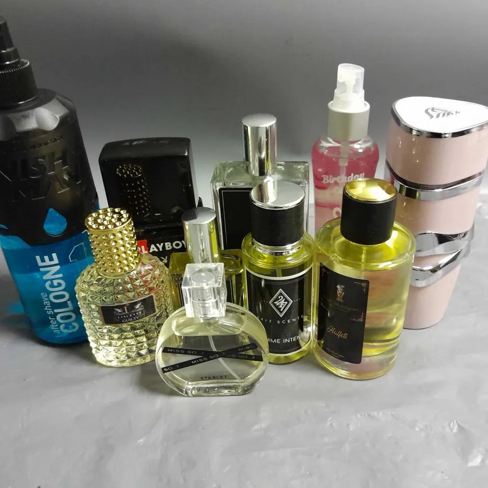 BOX OF APPROXIMATELY 10 ASSORTED UNBOXED FRAGRANCES TO INCLUDE - MISS SO...? STARLET - NISH MAN COLOGNE - LISCENTS GUILTY - ETC - COLLECTION ONLY