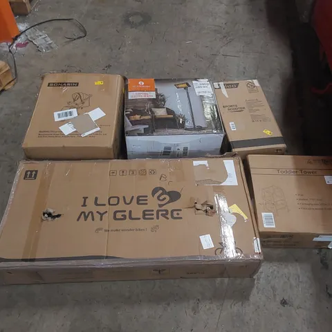PALLET OF ASSORTED ITEMS INCLUDING: BICYCLE, TODDLER TOWER, SPORTS SCOOTER, PRAM, STANDING ELECTRIC HEATER ECT