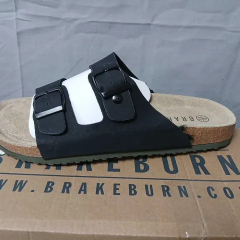 BRAKEBURN BLACK SANDAL - MEN'S, UK 9 / EU 43, TWO-STRAP CORK FOOTBED