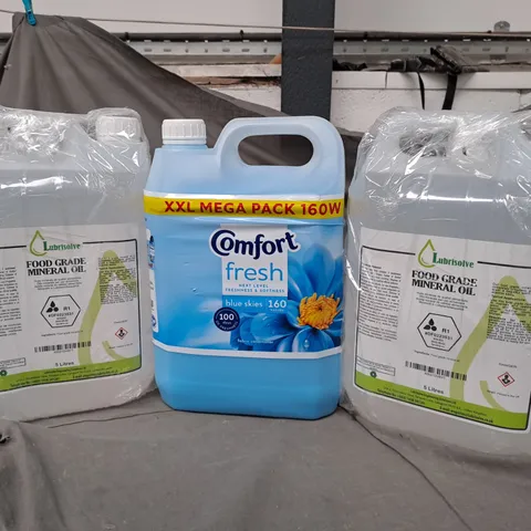 LOT OF 3 HOUSEHOLD LIQUIDS TO INCLUDE COMFORT FABRIC SOFTENER AND FOOD GRADE MINERAL OIL