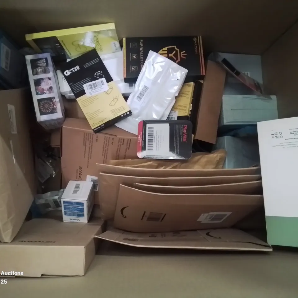 BOX CONTAINING LARGE AMOUNT OF MIXED BOXED ELECTRONIC ITEMS PHONE ACCESSORIES ETC.