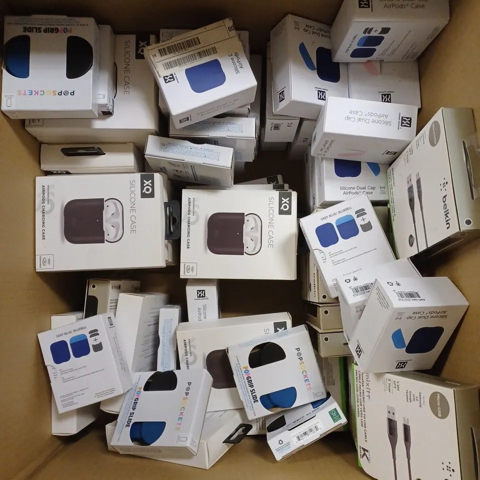 APPROXIMATELY 60 ASSORTED ELECTRICAL PRODUCTS TO INCLUDE SILICONE AIRPOD CASE COVERS, CHARGING CABLES & POP GRIP SLIDE ETC 
